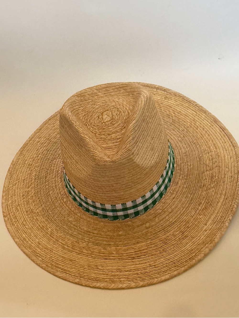 Sunshine Tienda Straw Fedora Hat with Green Gingham Band